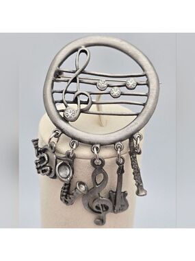 Pewter Musical Brooch Dangling Instruments Notes Figural Pin